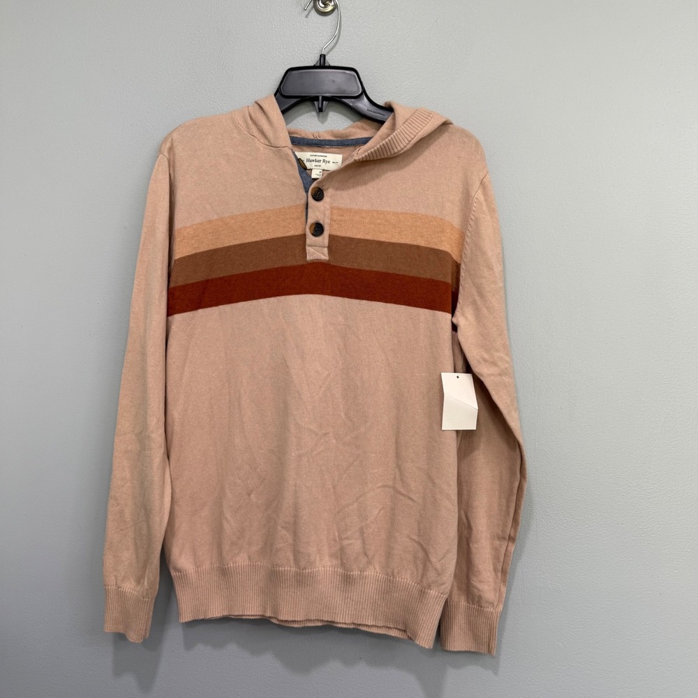 Hawker Rye Mens Oat Beige Striped Cotton Cashmere Henley Hoodie Sweater M NEW